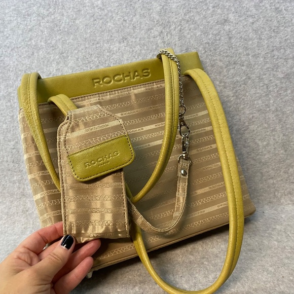 Rochas Paris Two Handle Purse Fabric & Leather 10" Tan / Green Phone Pouch - Picture 10 of 14